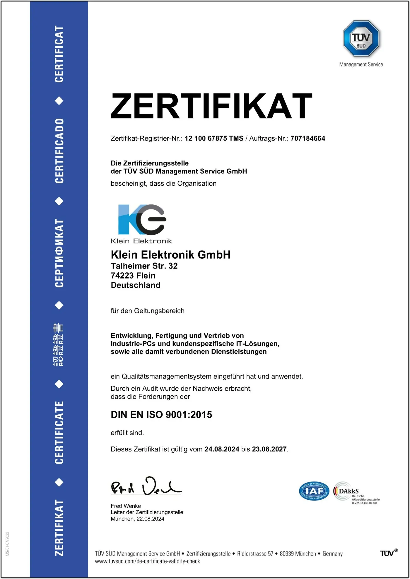 Zertifikat: ISO 9001:2015 – Deutsch
